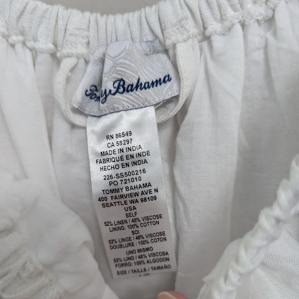 Tommy Bahama White Linen Dress Preppy Beach Puff Sleeve‎ Coastal